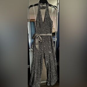 Halter Sequin Jumpsuit with Satin Waist Sash - Silver